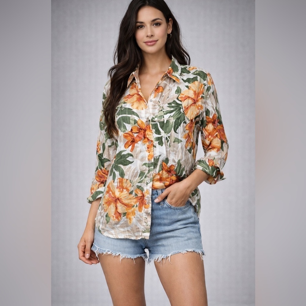 Allison Daley Petite Floral Hawaiian Button-Up Blouse Tropical Beach Cruise PL